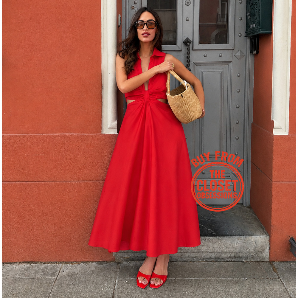 Mango NWT Red Cotton Cutout A-Line Maxi Dress 6 8 - Picture 7 of 16